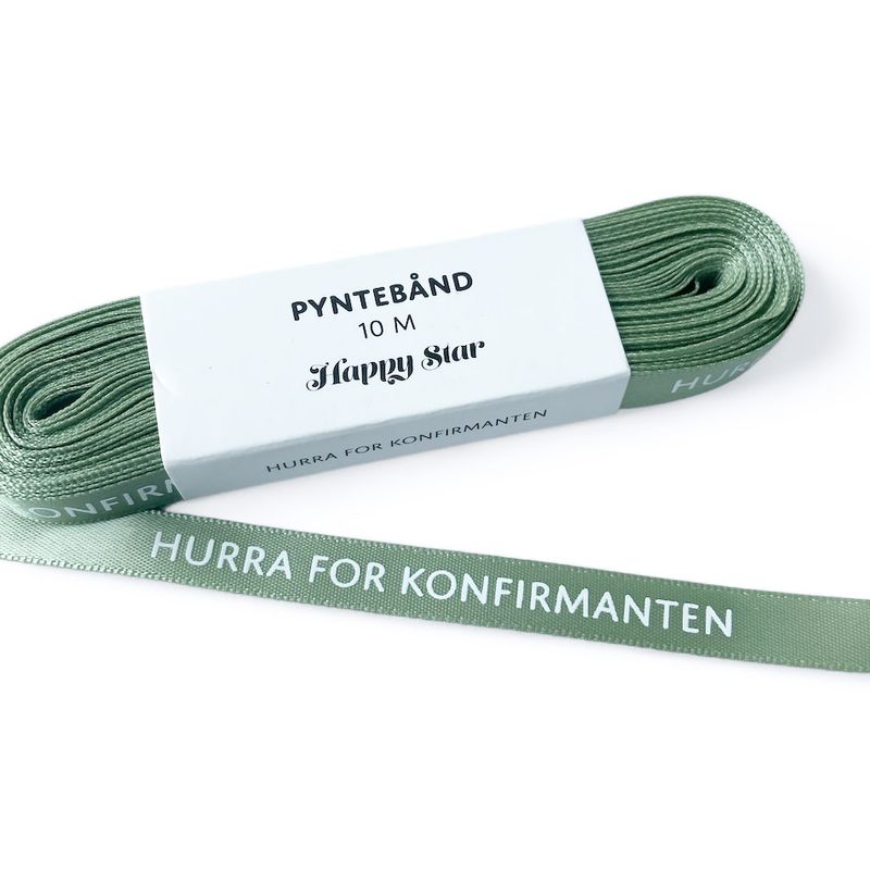 Pyntebånd: Konfirmanten mosegrønn med hvit tekst 10m