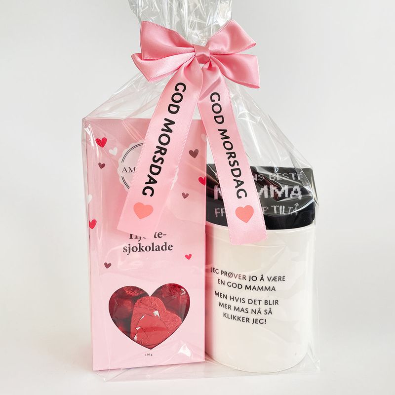 Gavepakke Mamma klikker med sjokoladehjerter