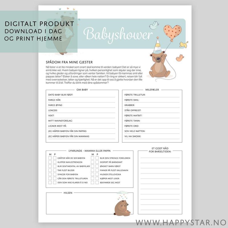 Spådomsark Babyshower (blå) - Digital PDF