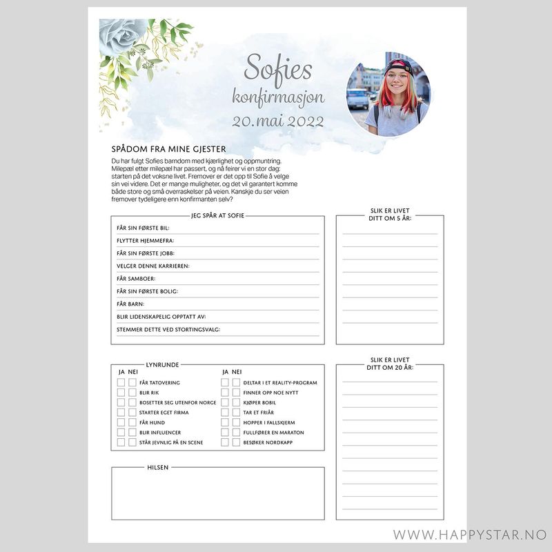 Spådomsark personlig tekst blå blomster