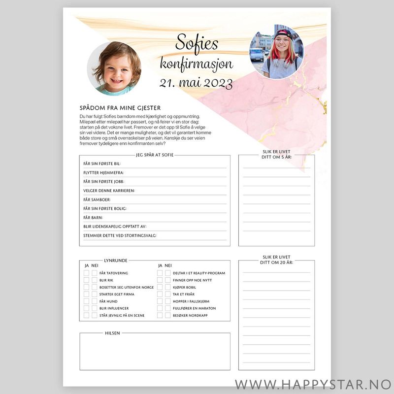 Spådomsark personlig tekst rosa marble