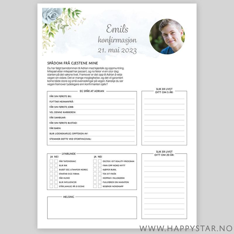 Nynorsk Spådomsark personlig tekst blå blomster